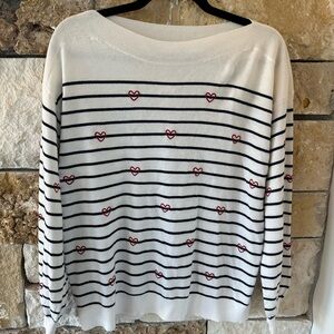 LOFT White and Black Striped Lightweight Sweater with Red Heart Details